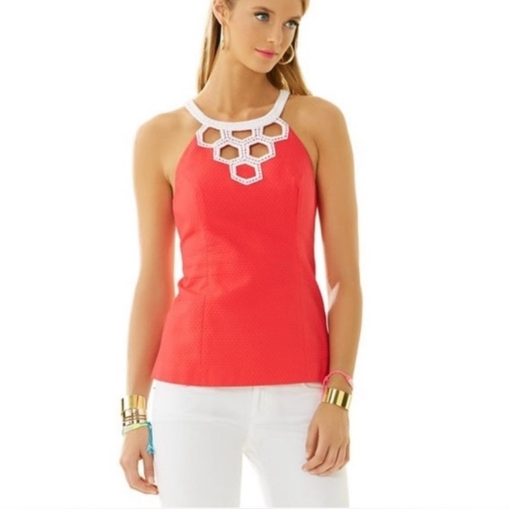 Lilly Pulitzer Annabelle High Neck Lace Trim Halter Top in Island Coral, Size 2